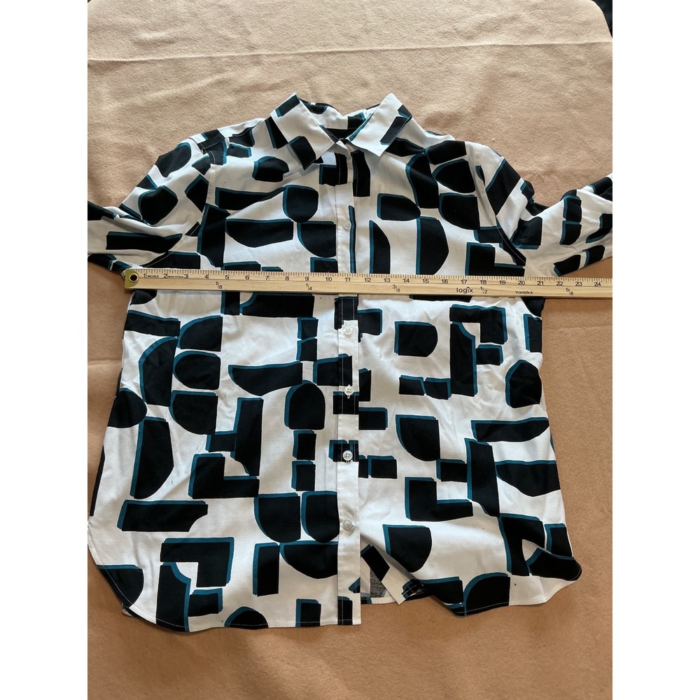 Chico's Button Down Shirt Womens 2 Size 12 White Black Teal Excellent Geometric - Picture 8 of 8